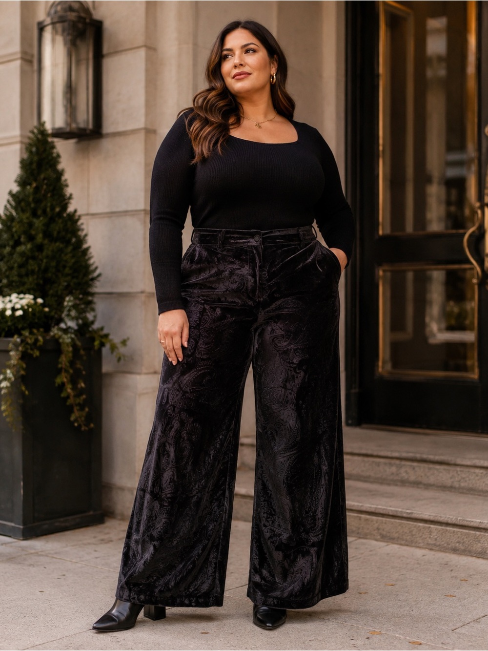 Dex Plus Size 2X Black Velvet Paisley Wide Leg Pants NWOT